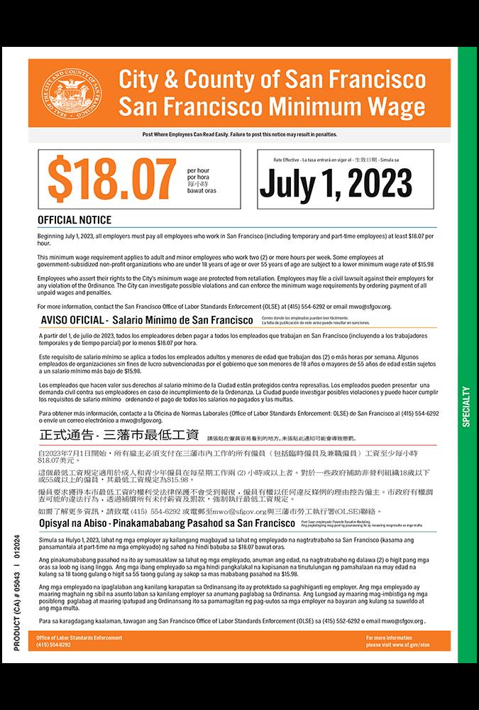 Rental store for CITY MINIMUM WAGE POSTER in Sunnyvale CA